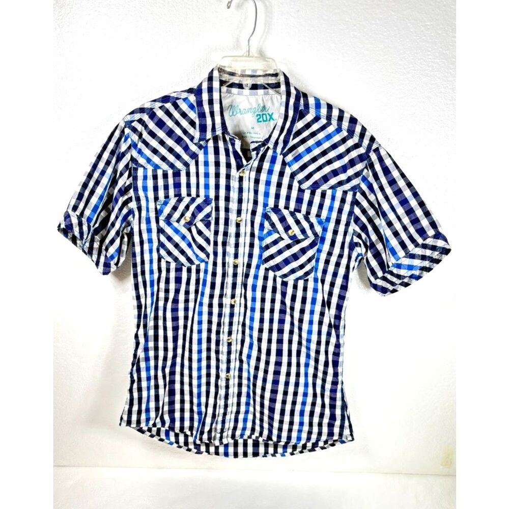 Wrangler 20X Shirt Mens M Blue Plaid Button Up Short Sleeve Pearl Snap Western